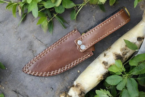 Custom Handmade Damascus Hunting Knife – 8" with Sheath by Damascus Knife Store, leather knife sheath detail photo 5