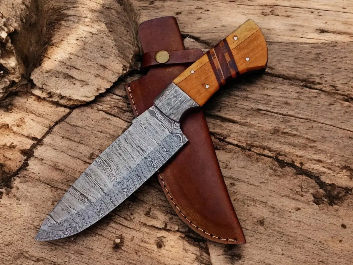 Custom Handmade Damascus Hunting Knife – 9.5" with Wood Handle by Damascus Knife Store, Damascus knife main product photo