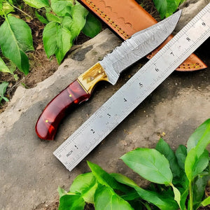 Custom Handmade Damascus Hunting Knife – 9" with Sheath by Damascus Knife Store, leather knife sheath detail photo 2
