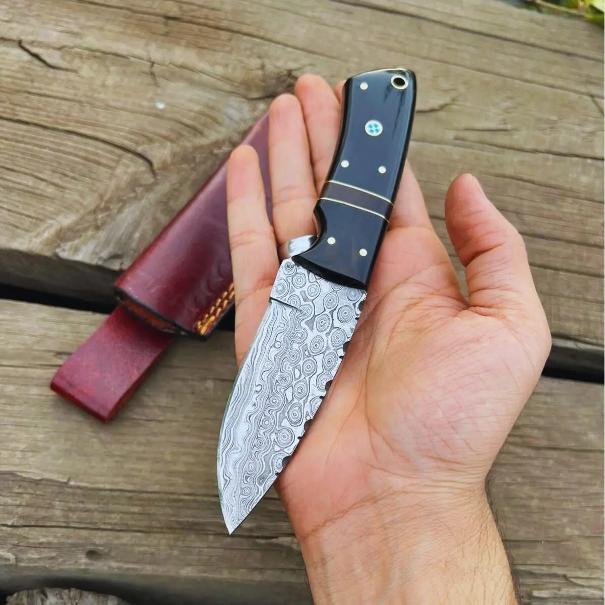 Custom Handmade Damascus Hunting Knife – Buffalo Horn Handle by Damascus Knife Store, Damascus knife main product photo