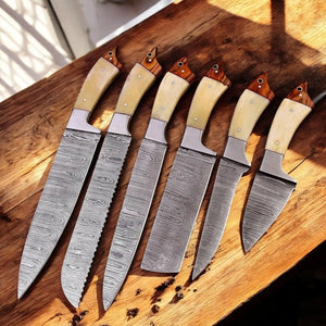 Custom Handmade Damascus Kitchen Knives Set – Leather Roll by Damascus Knife Store, Southern handmade gift detail photo 2