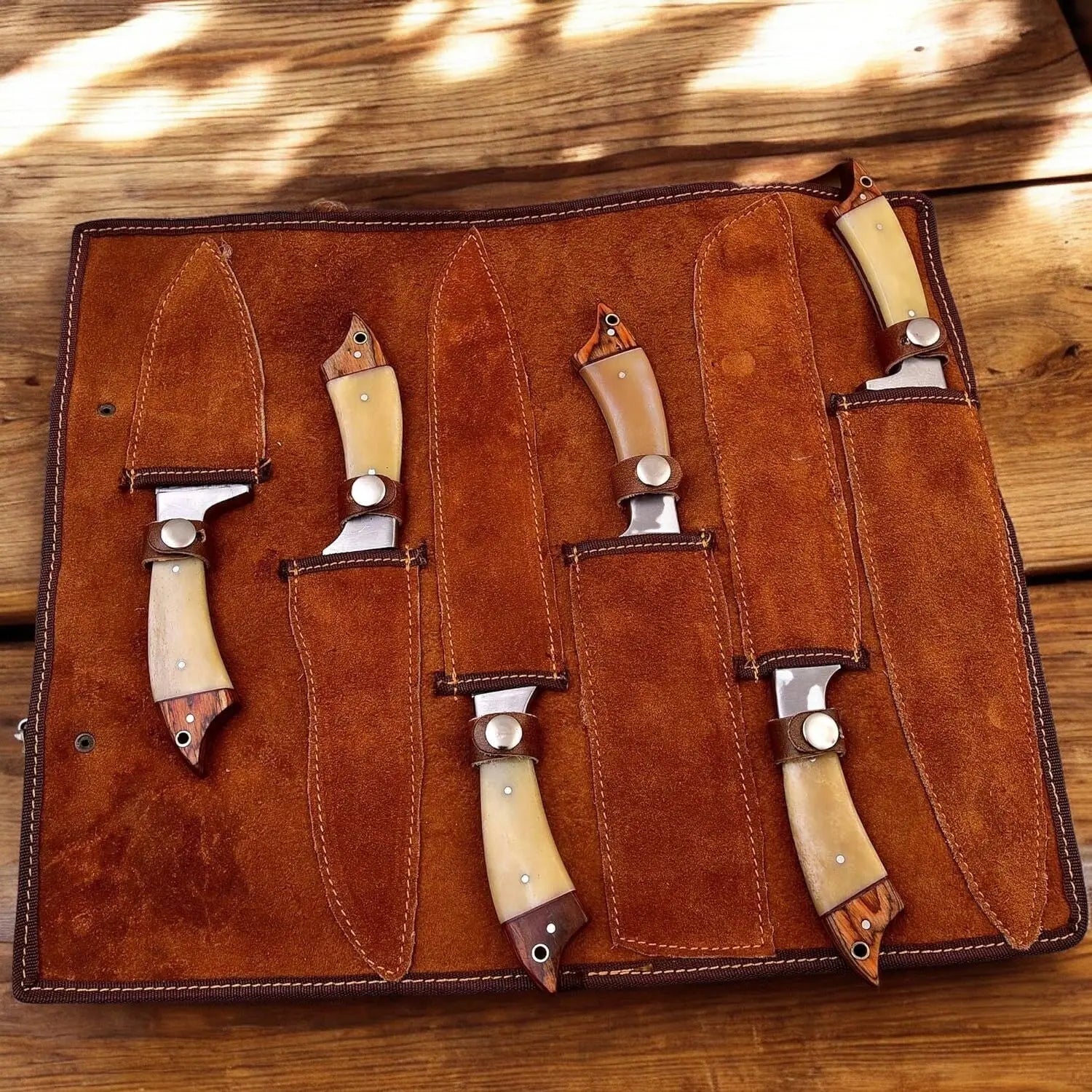 Custom Handmade Damascus Kitchen Knives Set – Leather Roll by Damascus Knife Store, Southern handmade gift detail photo 3