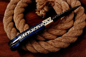 Custom Handmade Damascus Pocket Knife – Blue Exotic Wood by Damascus Knife Store, Damascus knife detail photo 2