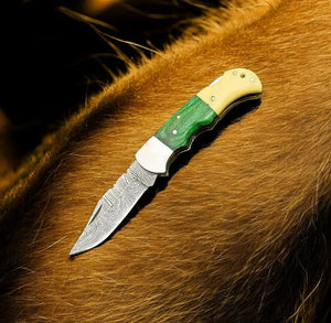 Custom Handmade Damascus Pocket Knife – Bone & Wood Handle by Damascus Knife Store, Damascus knife detail photo 2
