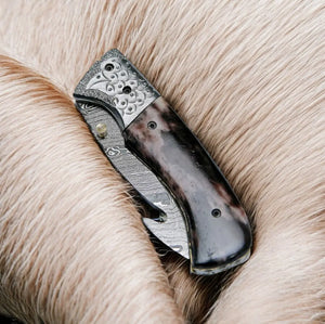 Custom Handmade Damascus Pocket Knife – Colored Bone Handle by Damascus Knife Store, Damascus knife detail photo 3