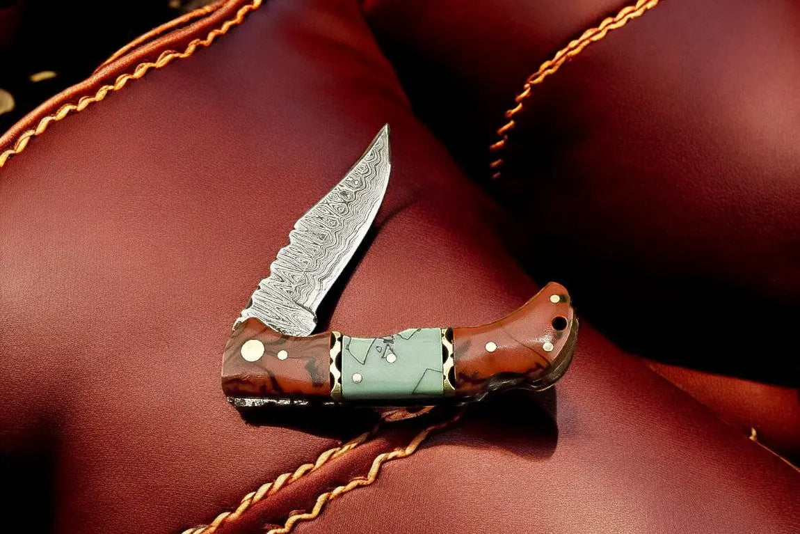 Custom Handmade Damascus Pocket Knife – Epoxy Resin Handle by Damascus Knife Store, Damascus knife main product photo