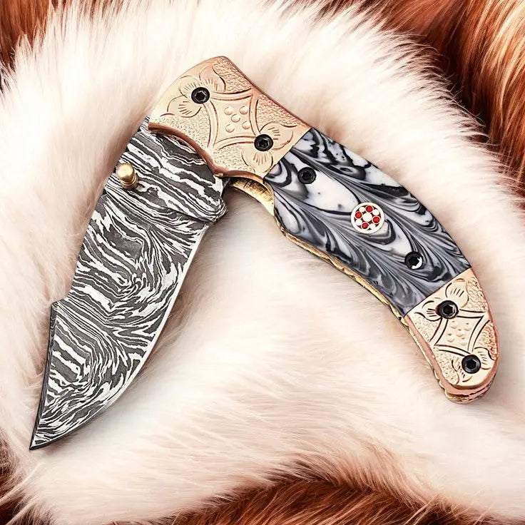 Custom Handmade Damascus Pocket Knife – Epoxy Resin Handle by Damascus Knife Store, Damascus knife main product photo
