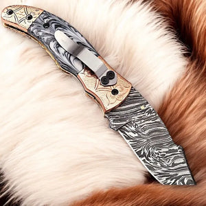 Custom Handmade Damascus Pocket Knife – Epoxy Resin Handle by Damascus Knife Store, Damascus knife detail photo 2