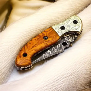 Custom Handmade Damascus Pocket Knife with Epoxy Resin Handle by Damascus Knife Store, Damascus knife detail photo 3