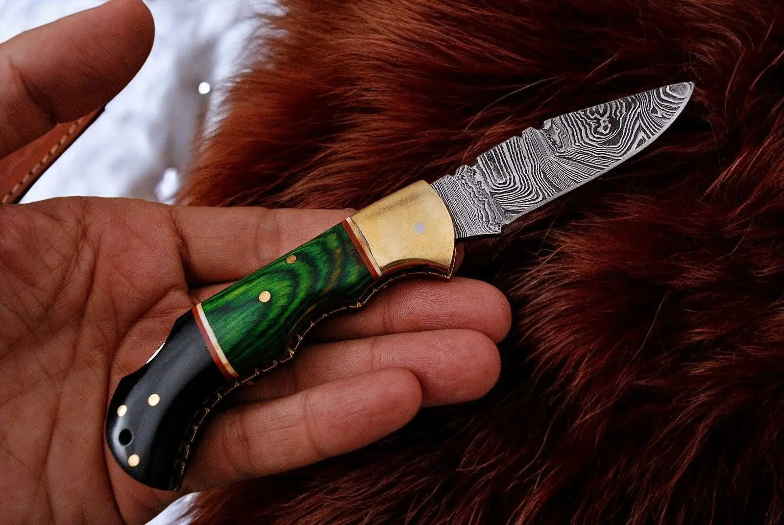 Custom Handmade Damascus Pocket Knife with Green Wood Handle by Damascus Knife Store, Damascus knife main product photo