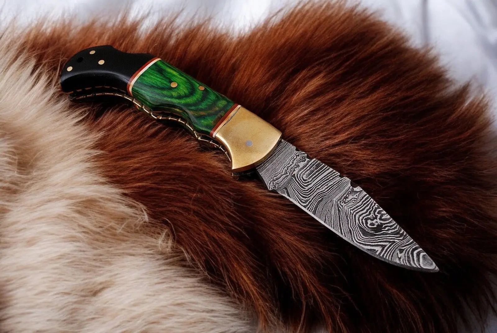 Custom Handmade Damascus Pocket Knife with Green Wood Handle by Damascus Knife Store, Damascus knife detail photo 2