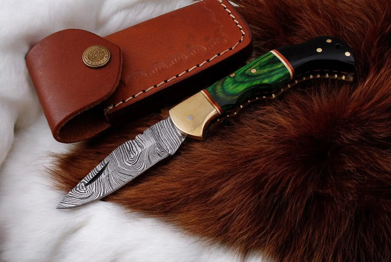 Custom Handmade Damascus Pocket Knife with Green Wood Handle by Damascus Knife Store, Damascus knife detail photo 3