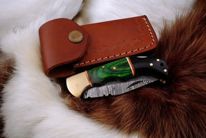 Custom Handmade Damascus Pocket Knife with Green Wood Handle by Damascus Knife Store, Damascus knife detail photo 4