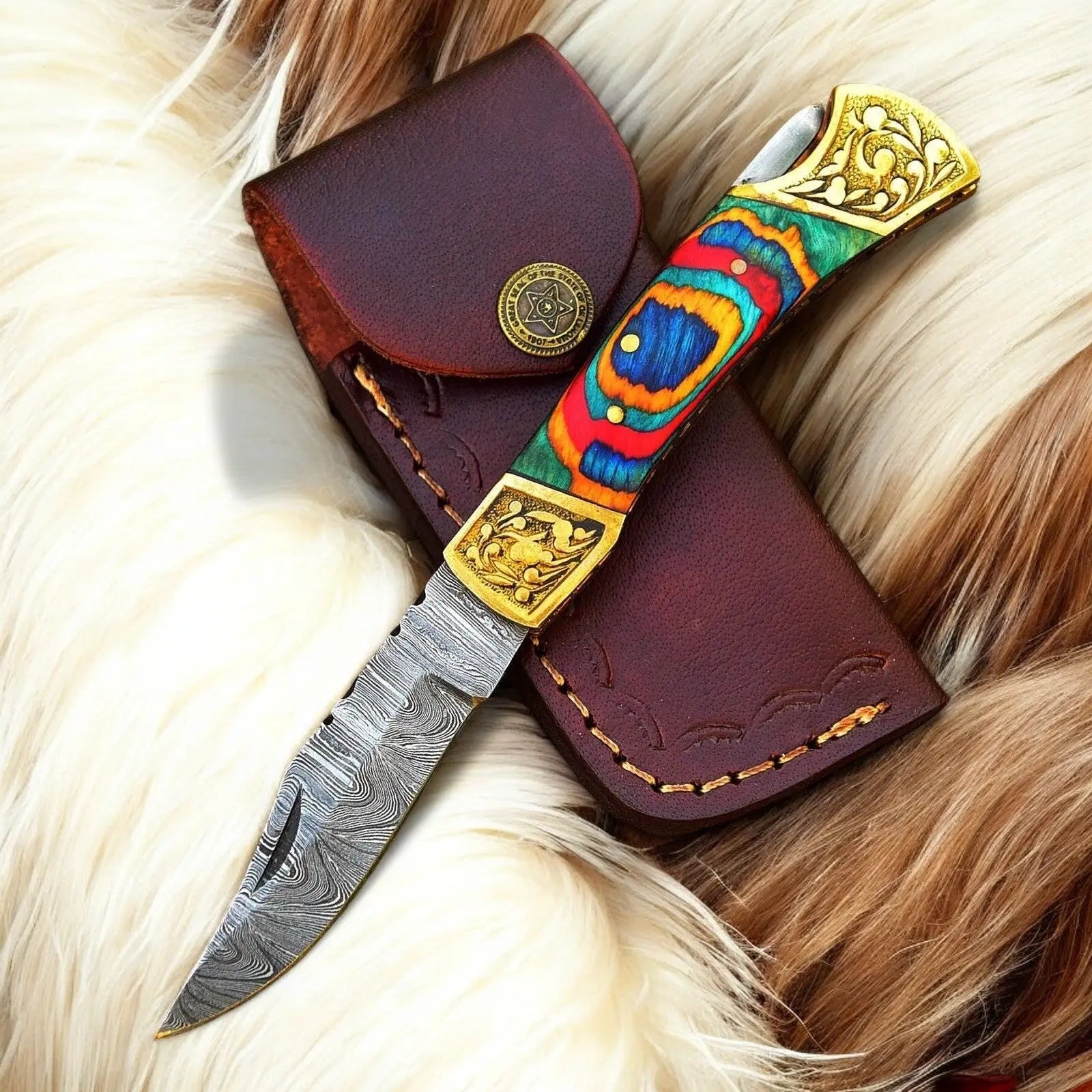 Custom Handmade Damascus Pocket Knife with Multi-Color Wood Handle by Damascus Knife Store, Damascus knife detail photo 3