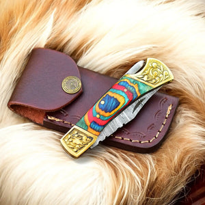 Custom Handmade Damascus Pocket Knife with Multi-Color Wood Handle by Damascus Knife Store, Damascus knife detail photo 4