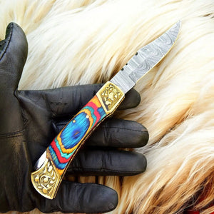 Custom Handmade Damascus Pocket Knife with Multi-Color Wood Handle by Damascus Knife Store, Damascus knife detail photo 5