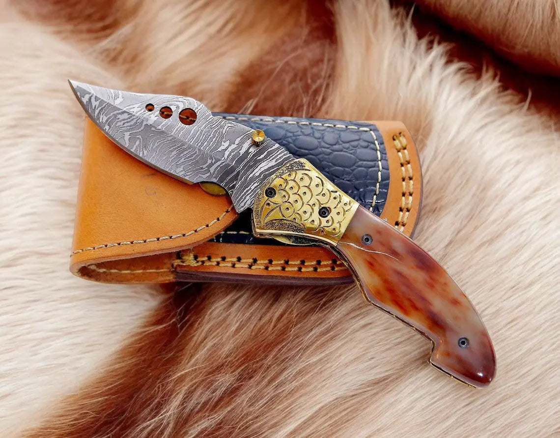 Custom Handmade Damascus Steel Pocket Knife - 3" Blade by Damascus Knife Store, Damascus knife main product photo