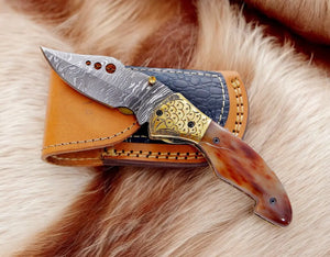 Custom Handmade Damascus Steel Pocket Knife - 3" Blade by Damascus Knife Store, Damascus knife main product photo