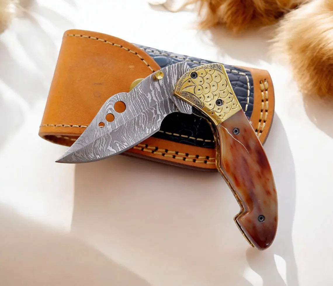 Custom Handmade Damascus Steel Pocket Knife - 3" Blade by Damascus Knife Store, Damascus knife detail photo 3