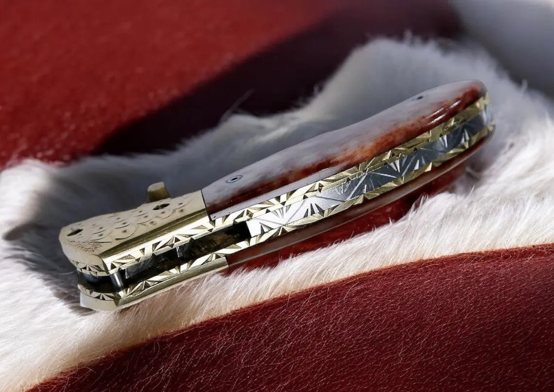 Custom Handmade Damascus Steel Pocket Knife – 3" Blade by Damascus Knife Store, Damascus knife detail photo 2