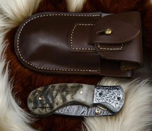 Custom Handmade Damascus Steel Pocket Knife – Sheep Horn by Damascus Knife Store, Damascus knife detail photo 3