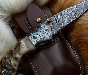 Custom Handmade Damascus Steel Pocket Knife – Sheep Horn by Damascus Knife Store, Damascus knife detail photo 6