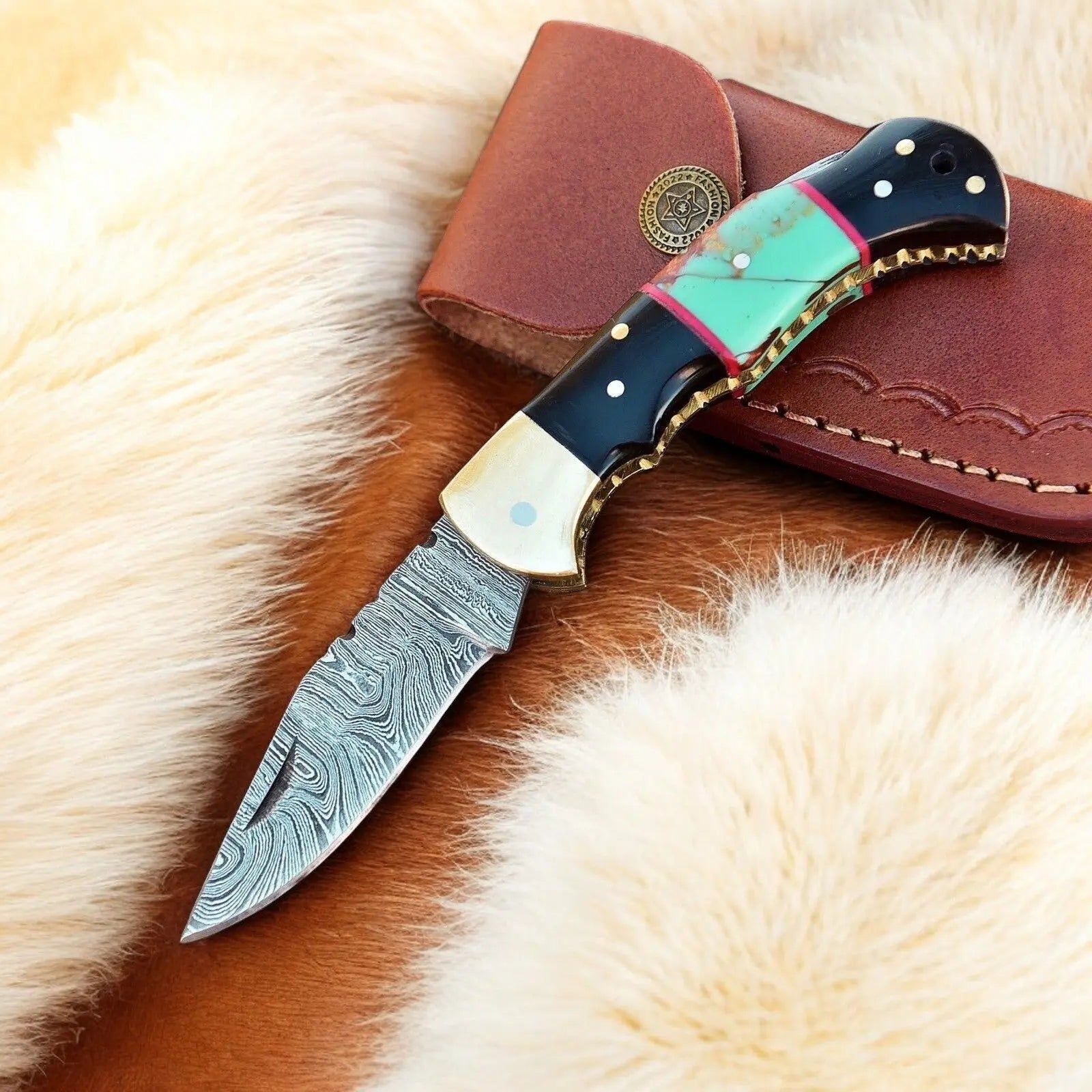 Custom Handmade Damascus Steel Pocket Knife with Brass Bolster by Damascus Knife Store, Damascus knife main product photo