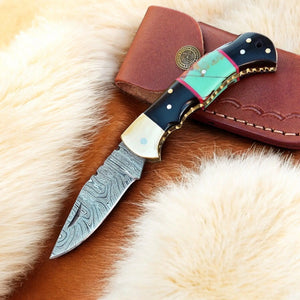 Custom Handmade Damascus Steel Pocket Knife with Brass Bolster by Damascus Knife Store, Damascus knife main product photo