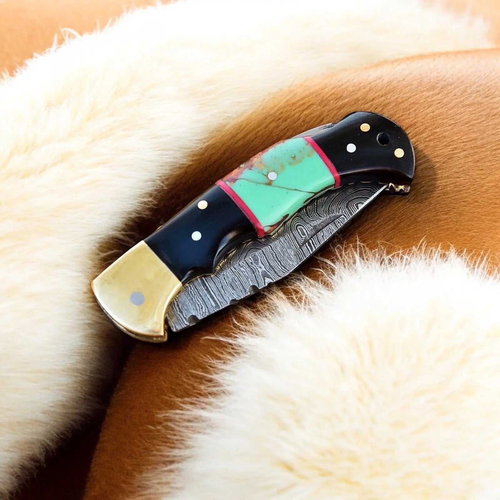 Custom Handmade Damascus Steel Pocket Knife with Brass Bolster by Damascus Knife Store, Damascus knife detail photo 4