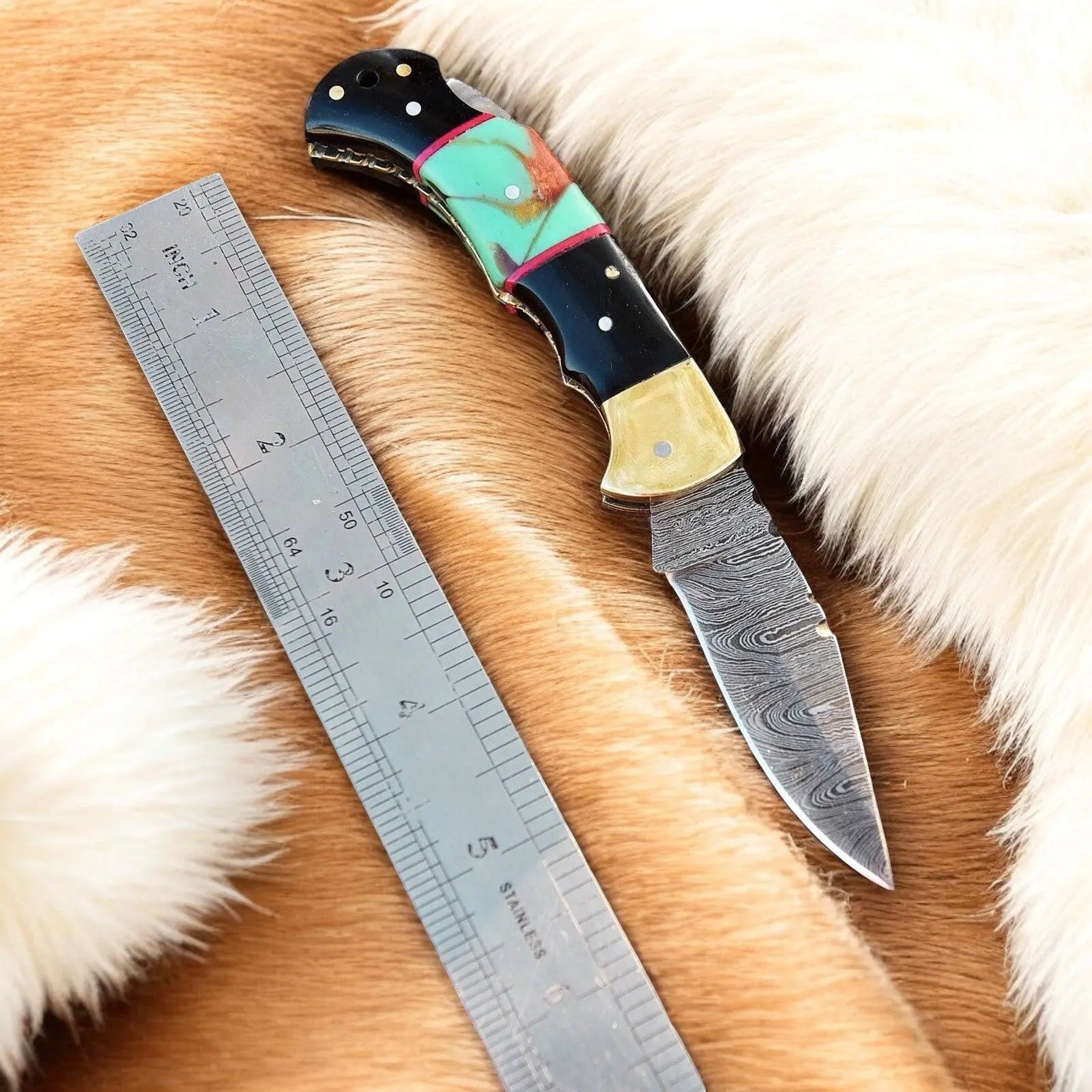 Custom Handmade Damascus Steel Pocket Knife with Brass Bolster by Damascus Knife Store, Damascus knife detail photo 5