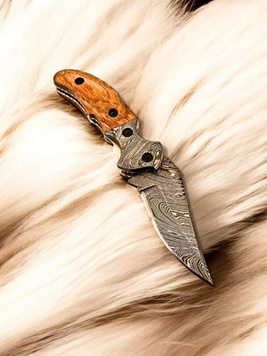 Custom Handmade Damascus Steel Pocket Knife with Olive Wood Handle by Damascus Knife Store, Damascus knife detail photo 2