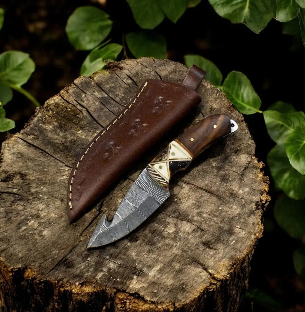 Custom Handmade Damascus Steel Skinning Knife with Rosewood & Bone Handle by Damascus Knife Store, Damascus knife main product photo