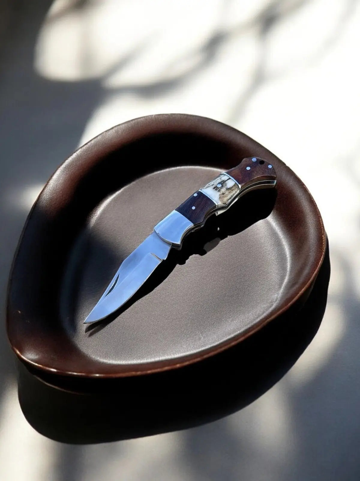 Custom Handmade Folding Knife with Rosewood & Antler Horn Handle by Damascus Knife Store, Damascus knife main product photo