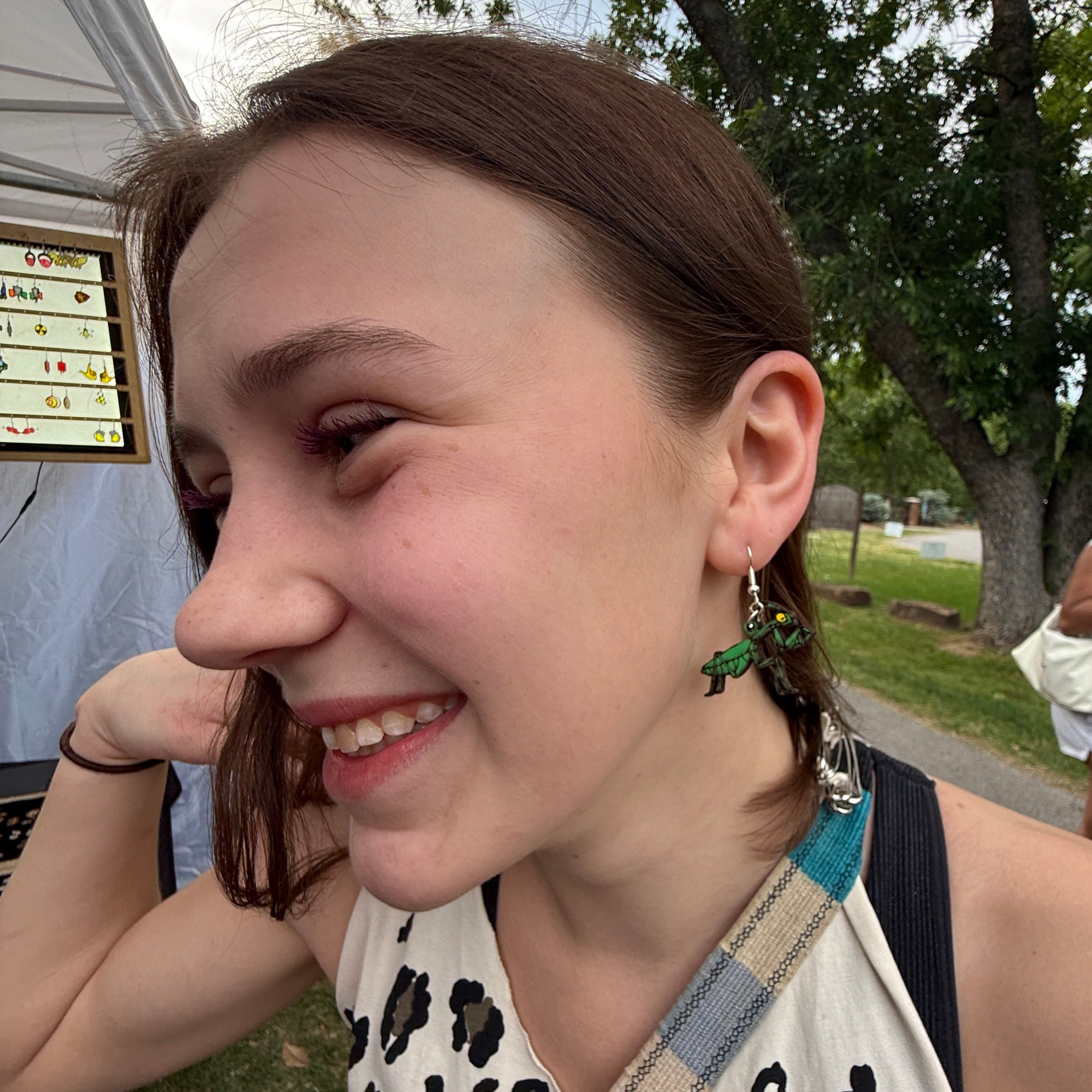 Realistic Praying Mantis Wooden Dangle Earrings | Male & Female Entomology Jewelry detail view by Cate's Concepts, LLC
