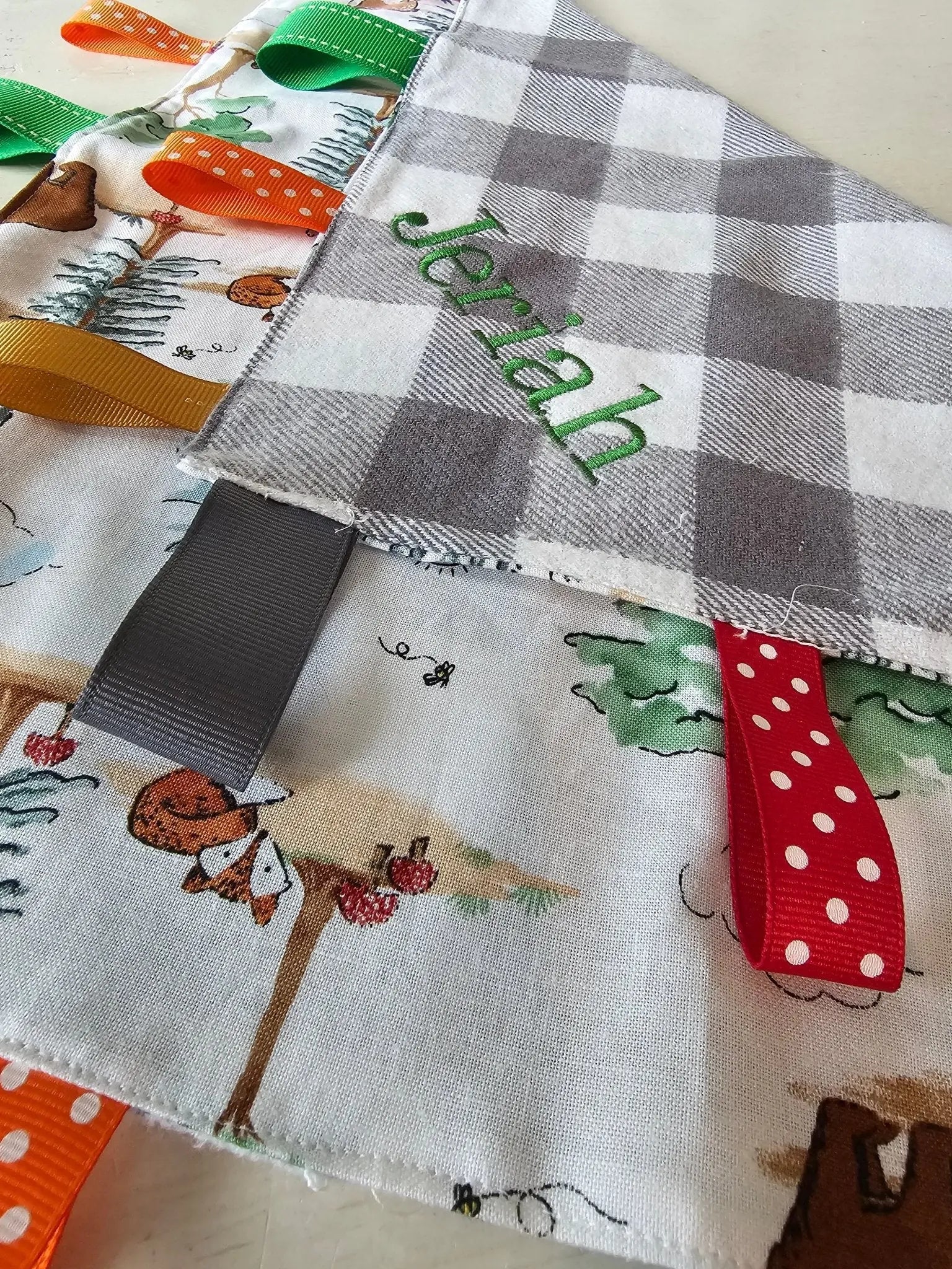 Customizable Taggy Blanket by East Mississippi Creations, children's boutique clothing detail photo 10