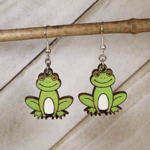 Cute Frog Wooden Dangle Earrings | Fun Animal Jewelry detail view by Cate's Concepts, LLC