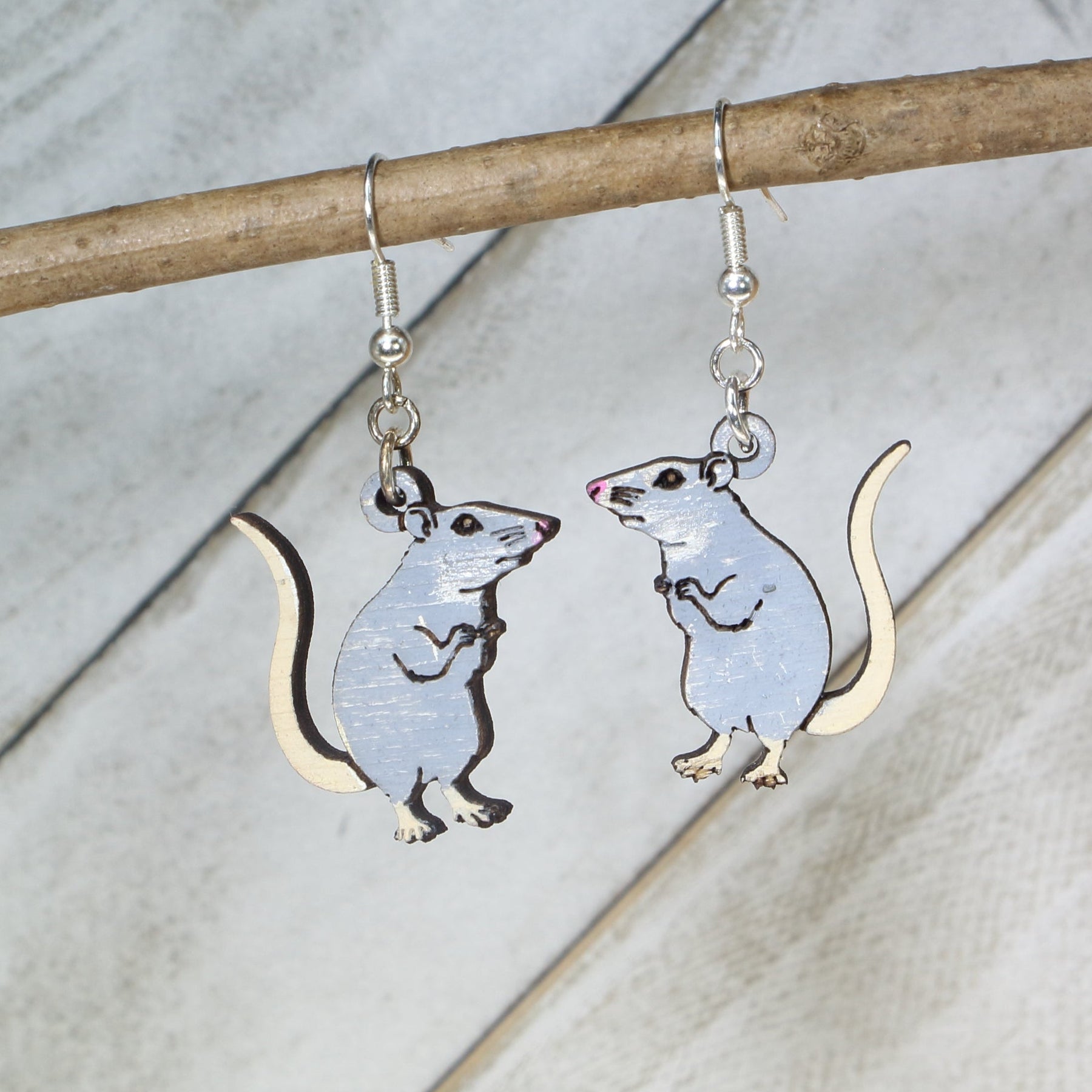 White Rat Wooden Dangle Earrings | Pet Rodent Animal Jewelry detail view by Cate's Concepts, LLC