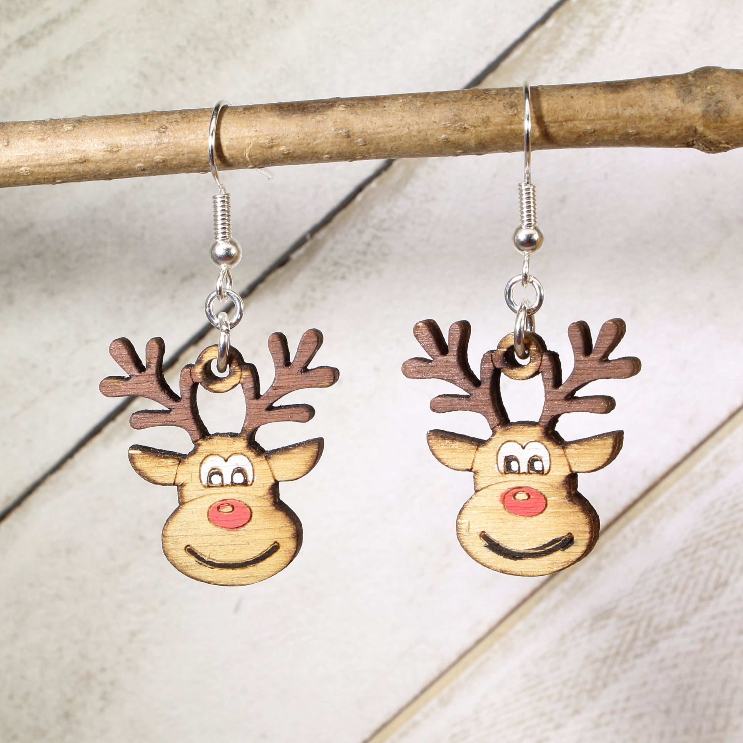 Cute Reindeer Wooden Dangle Earrings | Christmas Holiday Jewelry by Cate's Concepts, LLC, handmade jewelry main product photo