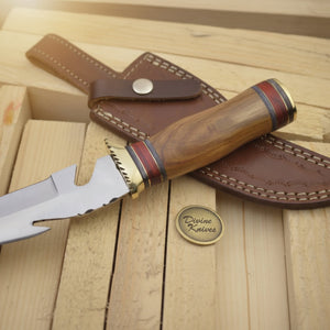 Brass Guard Damascus Gut Hook Knife with Multi Ring Wood Handle detail view by Divine Knives