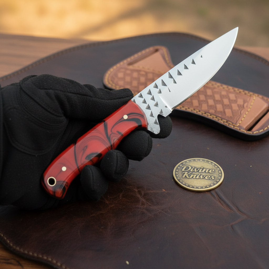 Red Swirl Resin Rasp Skinner with Skinner by Divine Knives