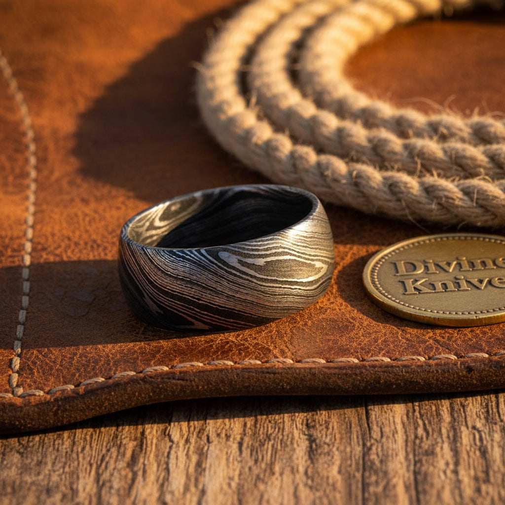 Layered Mokume Damascus Wedding Ring with Wood-Grain Pattern by Divine Knives