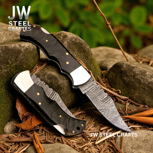 American Flag Damascus Folding Hunter with Ram Horn Handle detail view by JW SteelCrafts