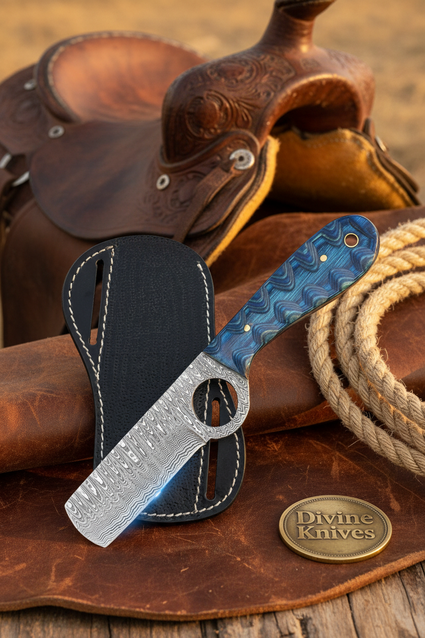 Blue Scalloped Bull Cutter Knife with Integrated Loop and Navy Handle by Divine Knives