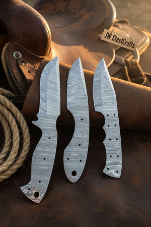 Damascus Knife Blanks Set 4.5 Inch Blades Fixed Blade DIY Trio detail view by JW SteelCrafts