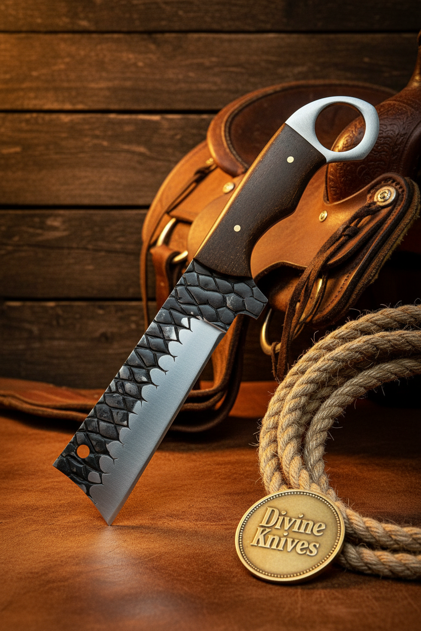 Ironwood Dragon Pattern Bull Cutter with Engraved Scale Blade detail view by Divine Knives