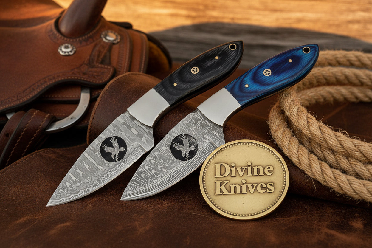 Eagle Cutout Skinner Knife with Wood Grain Damascus Blade by Divine Knives