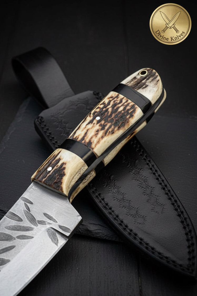 Stag Horn Cowboy Hunter Knife with Leaf Textured Spine detail view by Divine Knives