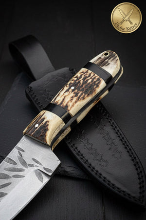 Stag Horn Cowboy Hunter Knife with Leaf Textured Spine detail view by Divine Knives