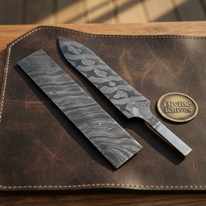 Damascus Zebra Pattern Billet Set with Shaped Blade Blank detail view by Divine Knives