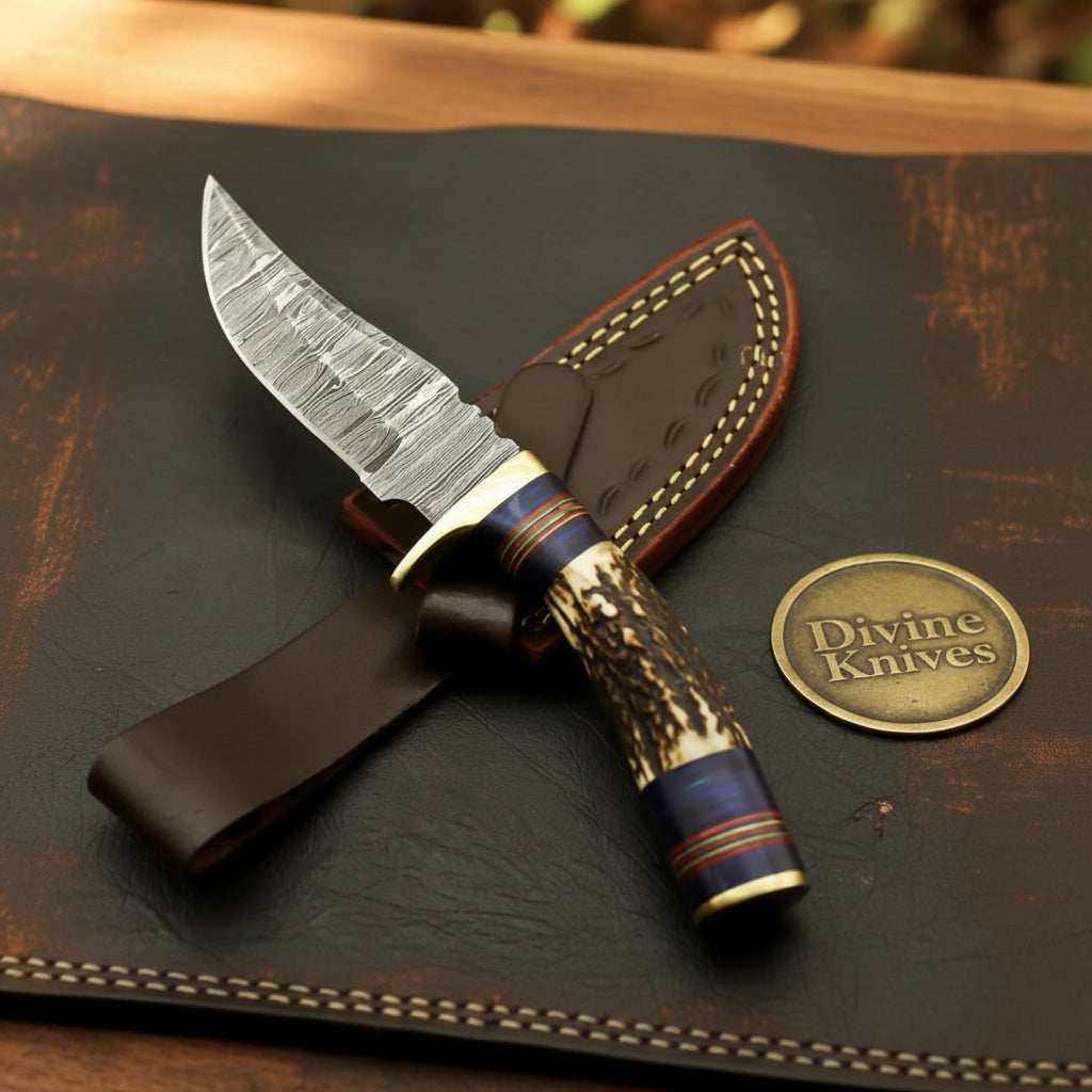 Stag Horn & Resin Damascus Skinner with by Divine Knives